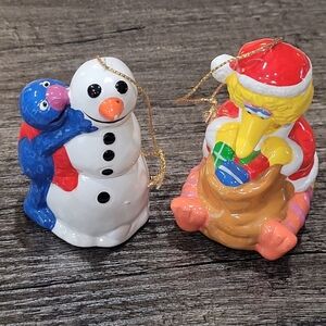 1980s Sesame Street Big Bird Santa & Grover Making Snowman Christmas Ornaments